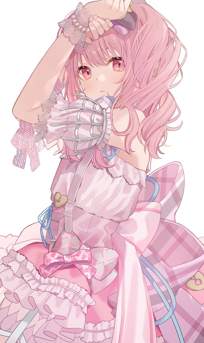 1girl 1other akiyama_mizuki androgynous arms_up bare_shoulders bead_bracelet beads bow bracelet chiri_(ch!) closed_mouth detached_sleeves dress dress_bow frilled_dress frills jewelry looking_at_viewer pink_bow pink_dress pink_eyes pink_hair project_sekai puffy_sleeves side_ponytail simple_background sleeveless solo too_many too_many_frills upper_body white_background