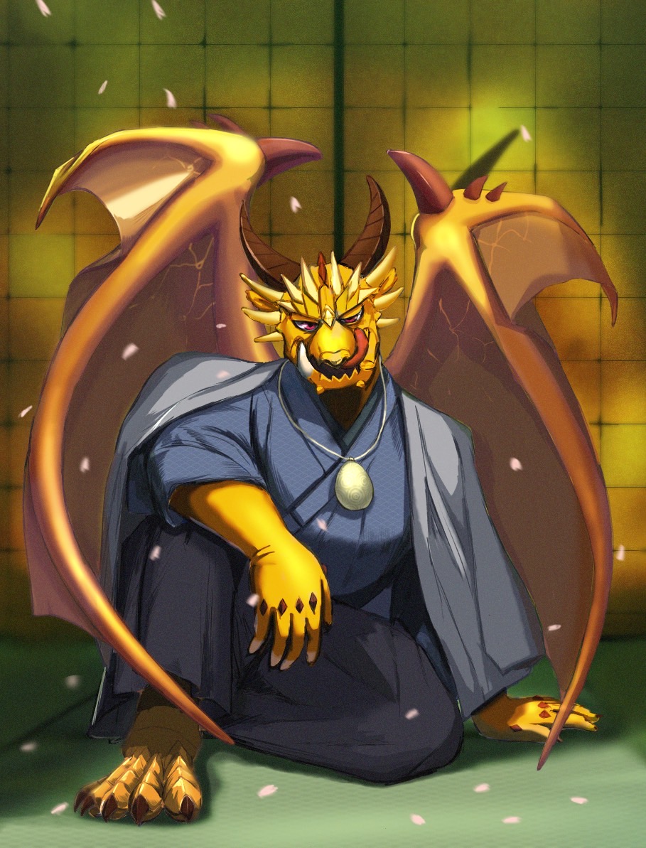 anthro asian_clothing chinese_zodiac clothing dragon east_asian_clothing horn j2u8x5jofjlitm0 japanese_clothing kimono lifewonders male new_year_2024 ophion solo tokyo_afterschool_summoners wings year_of_the_dragon yellow_body