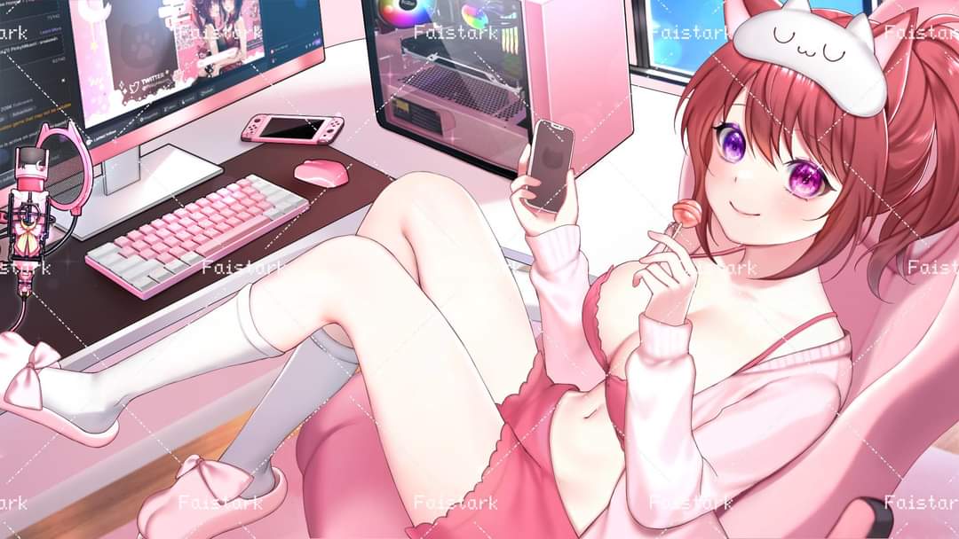 1girl bra breasts candy chair closed_mouth computer cpu food fyirkingdomsis heterochromia holding holding_candy holding_food holding_lollipop indie_virtual_youtuber keyboard_(computer) lollipop medium_breasts midriff navel pink_eyes pinky_mikaori purple_eyes red_bra red_hair red_shorts shoes shorts sitting smile solo stomach underwear virtual_youtuber