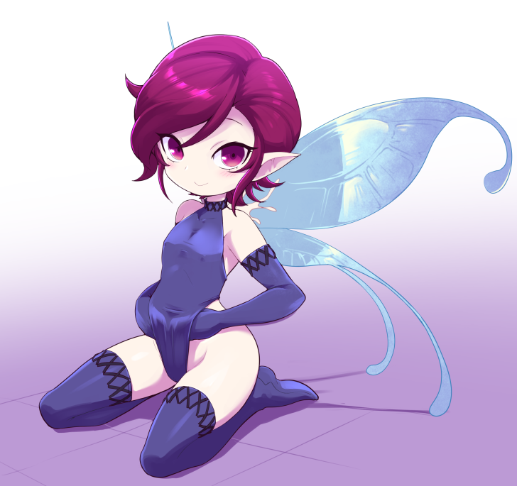 1girl blue_gloves blue_leotard blue_thighhighs boots breasts brown_eyes brown_hair elbow_gloves fairy fairy_wings gloves hand_under_clothes highleg highleg_leotard leotard leotard_pull looking_at_viewer nollety pixie_(megami_tensei) pointy_ears pulled_by_self shin_megami_tensei short_hair sitting small_breasts smile solo thigh_boots thighhighs thighs wings