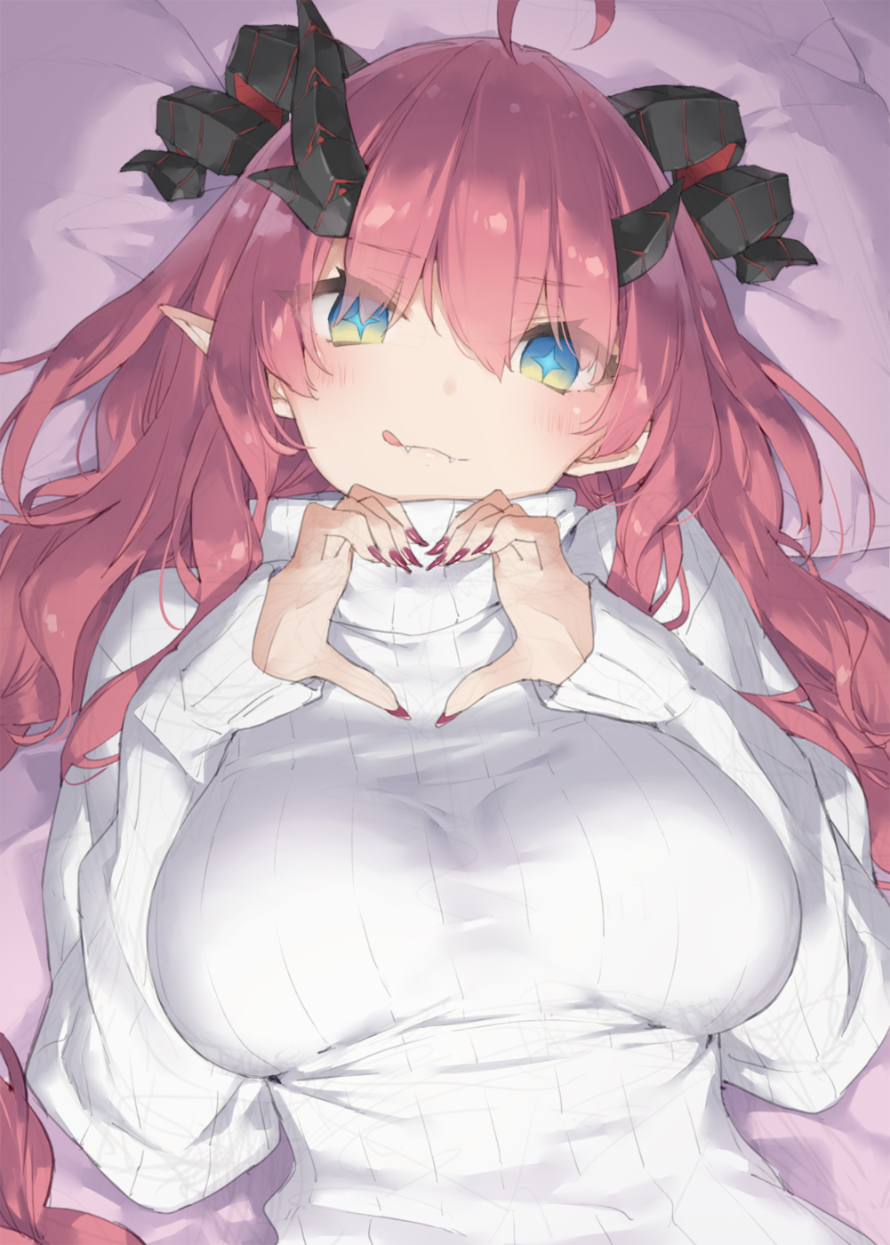 +_+ 1girl :q ahoge bangs bed_sheet blue_eyes breasts closed_mouth commentary_request curled_horns demon_horns eyebrows_visible_through_hair eyes_visible_through_hair fangs fangs_out fingernails hair_between_eyes hair_over_one_eye hands_up heart heart_hands highres horns kani_biimu large_breasts long_fingernails long_hair long_sleeves looking_at_viewer lying magrona magrona_channel nail_polish on_back pillow pointy_ears red_hair red_nails ribbed_sweater sharp_fingernails sleeves_past_wrists smile solo sweater tongue tongue_out turtleneck turtleneck_sweater upper_body very_long_hair virtual_youtuber white_sweater