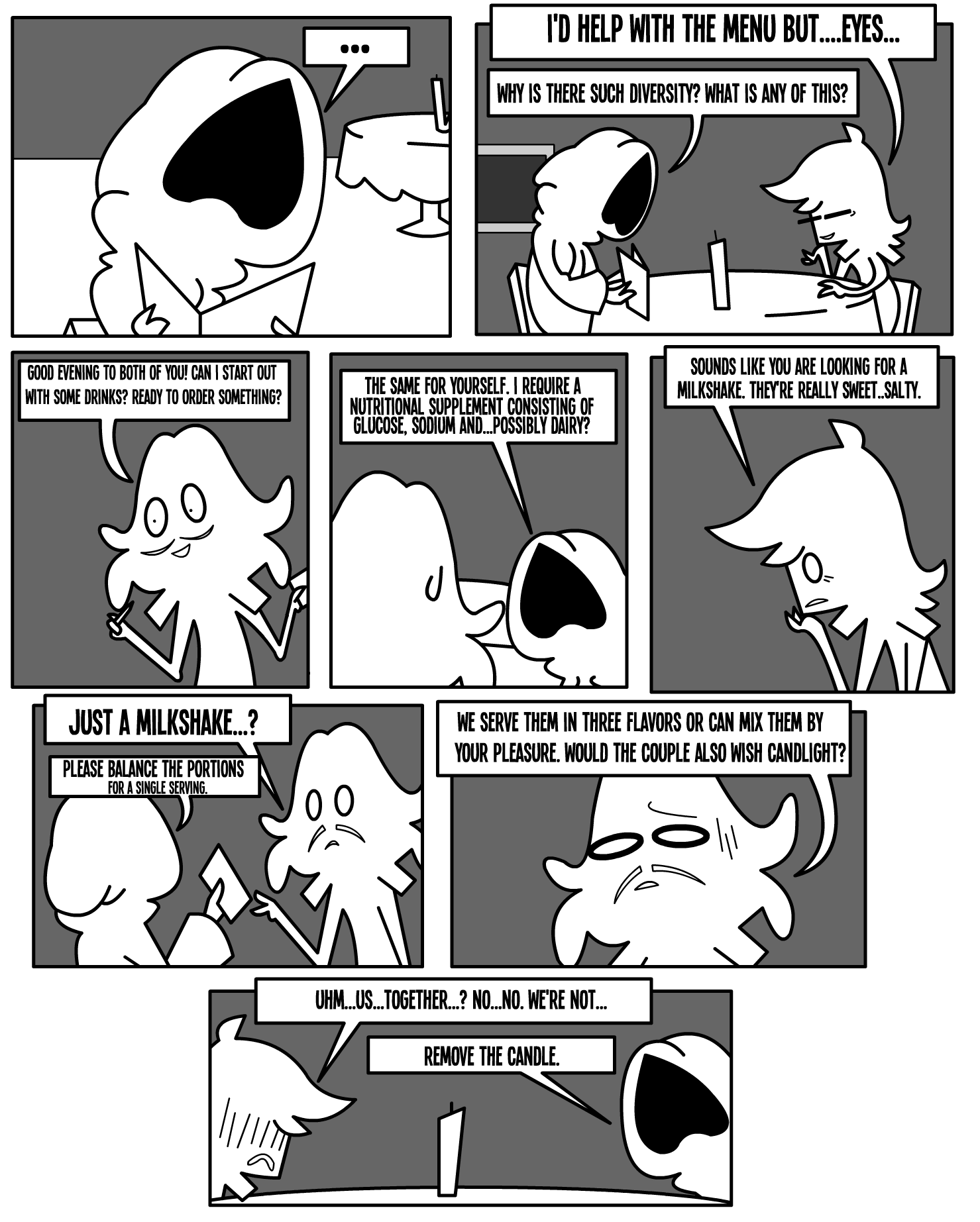 ambiguous_gender bodily_fluids border candle chair clothed clothing comic daniel_toke dialogue embarrassed english_text eyes_closed female_(lore) frown furniture greyscale group hi_res holding_object hoodie human human_only inside looking_at_another male male/ambiguous mammal mivliano_10-c monochrome narrowed_eyes not_furry on_chair shane_frost sitting speech_bubble squint sweat sweatdrop table text topwear trio white_border