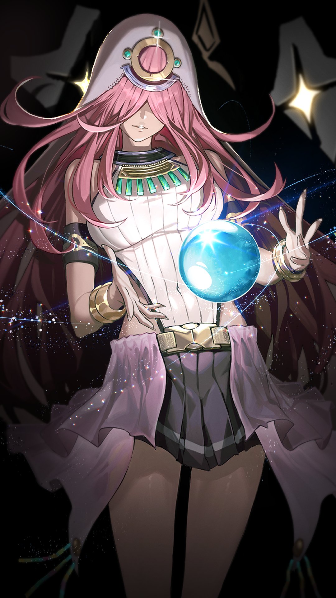 1girl arm_cuffs bracelet breasts crystal_ball famepeera hair_over_eyes heaven_burns_red highres jewelry large_breasts leotard long_hair parted_lips pink_hair pleated_skirt sakuraba_seira second-party_source skirt sleeveless_turtleneck_leotard solo turtleneck_leotard upper_body very_long_hair white_leotard white_veil