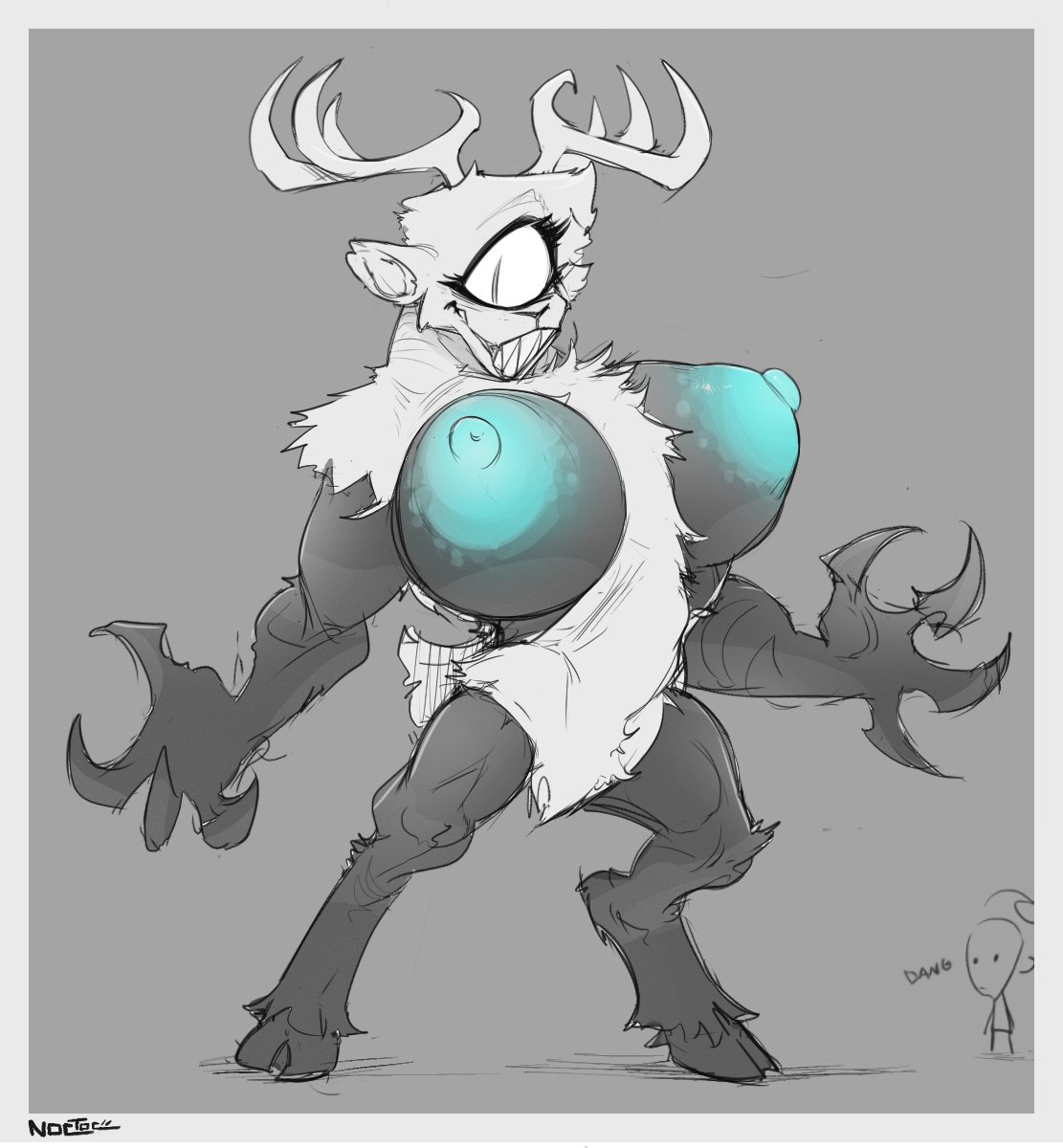 1_eye 2023 anthro antlers areola big_areola big_breasts blue_nipples breasts chest_fur clawed_fingers claws cyclops deer deerclops don't_starve eyelashes featureless_crotch female fur grey_background grey_body grey_skin greyscale hi_res hooves horn huge_areola huge_breasts klei_entertainment mammal monochrome monster montgomery_glands muscular_thighs nipples noctoc sharp_teeth simple_background solo teeth white_body white_fur