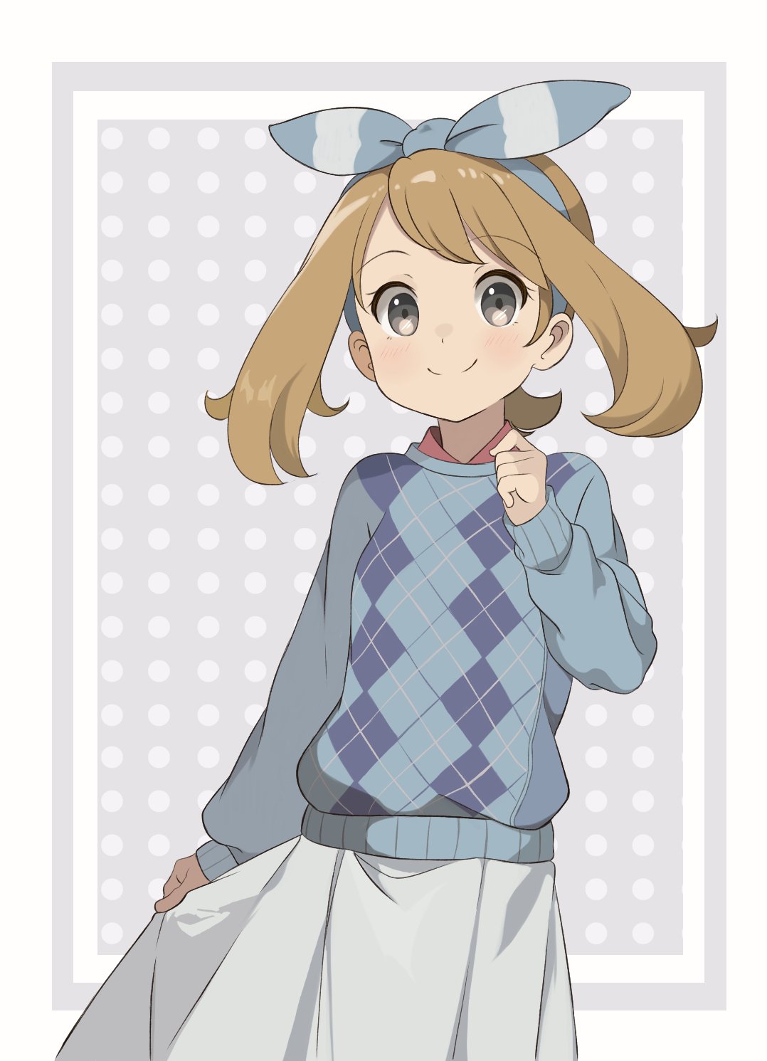 1girl alternate_costume aqua_ribbon aqua_sweater brown_hair chocomiru english_commentary green_eyes hair_ribbon highres long_skirt looking_at_viewer may_(pokemon) pokemon pokemon_oras ribbon shirt_under_sweater skirt smile solo sweater