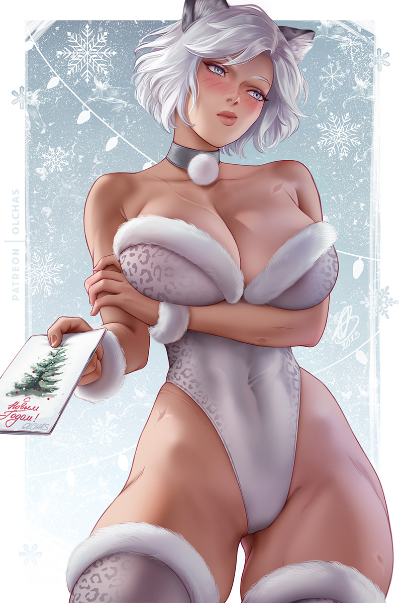 1girl arm_under_breasts blush breasts choker dark-skinned_female dark_skin fur-trimmed_legwear fur-trimmed_leotard fur_trim grey_eyes grey_hair highres large_breasts leotard lips looking_to_the_side olchas original scar short_hair solo strapless strapless_leotard tail