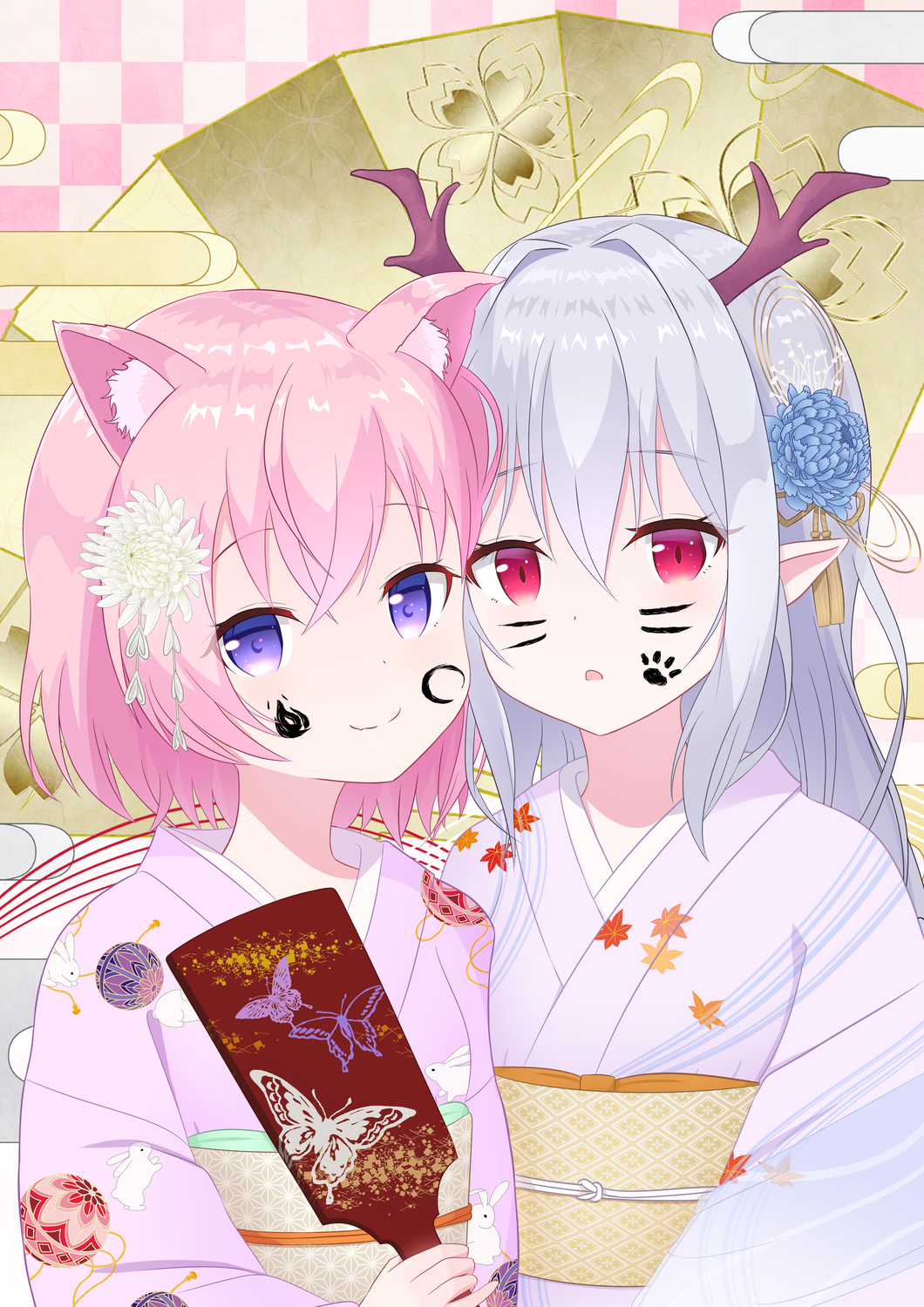 2024 2girls :o animal_ear_fluff animal_ears blue_flower cat_ears checkered_background chinese_zodiac closed_mouth commentary_request dragon_horns egasumi facepaint flower grey_hair hagoita hair_between_eyes hair_flower hair_intakes hair_ornament highres holding horns japanese_clothes kimono long_sleeves looking_at_viewer multiple_girls obi original paddle parted_lips pink_hair pointy_ears purple_eyes purple_kimono red_eyes sash smile year_of_the_dragon yutsuki_warabi