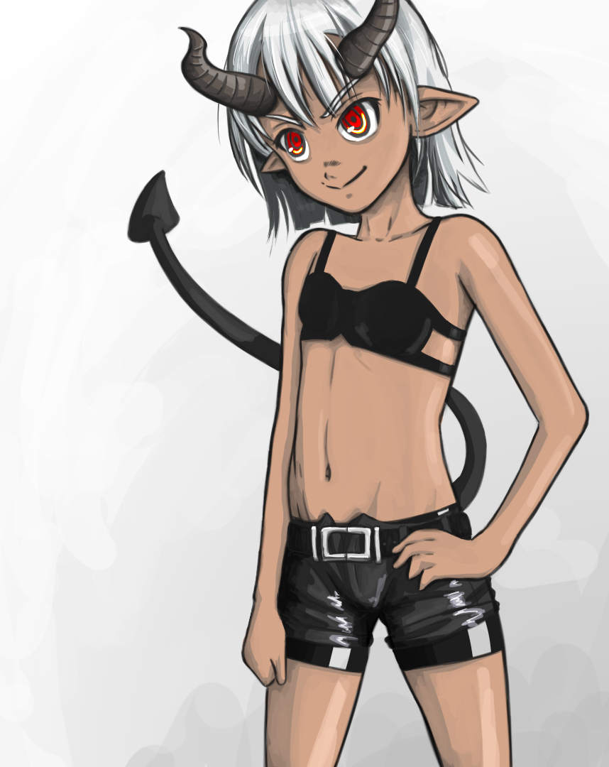 1girl androth belt bike_shorts bra demon_girl grey_hair horns midriff navel original pointy_ears red_eyes short_hair short_shorts shorts smirk succubus tail underwear white_hair