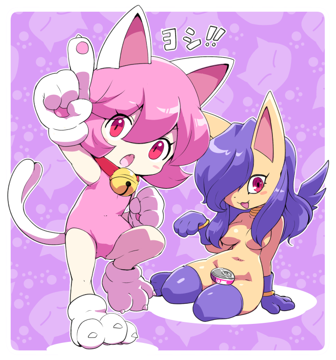 2girls animal_ears bastet_(megami_tensei) bell breasts can canned_food cat_ears cat_paw cat_tail gloves hair_censor hair_over_one_eye long_hair looking_at_viewer multiple_girls navel neck_bell nekomata_(megami_tensei) nollety nude open_mouth pet_food pink_hair purple_hair red_eyes shin_megami_tensei shin_megami_tensei_devil_children short_hair tail thighhighs