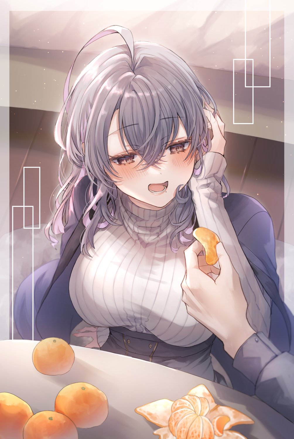 1boy 1girl :d ahoge backlighting bed black_shirt black_skirt blue_cape blush breasts brown_eyes buttoned_cuffs cape crossed_bangs feeding food fruit grey_hair hair_between_eyes hand_on_own_head highres holding holding_food large_breasts mandarin_orange medium_hair mole mole_under_mouth on_floor open_mouth original out_of_frame shikino_yuki shirt skirt smile striped striped_sweater sweater table white_sweater wooden_floor