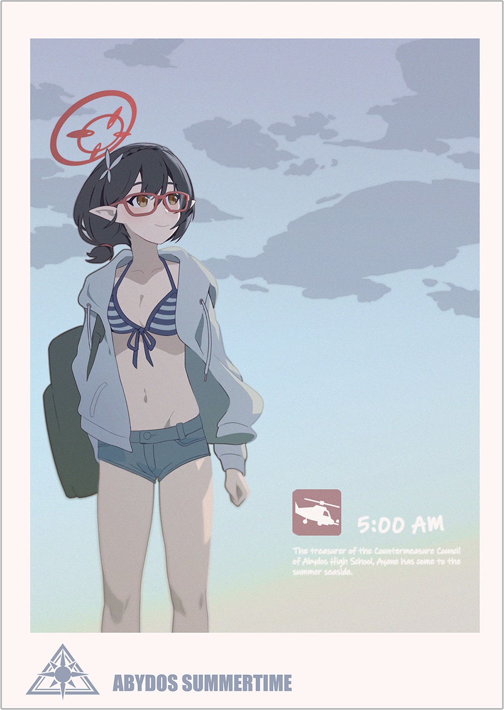 0.7_(aysatnegr) 1girl ayane_(blue_archive) ayane_(swimsuit)_(blue_archive) bikini black_hair blue_archive blue_shorts breasts cleavage collarbone glasses grey_jacket groin halo highres jacket medium_breasts navel open_clothes open_jacket pointy_ears red-framed_eyewear red_halo short_hair shorts solo striped striped_bikini swimsuit yellow_eyes
