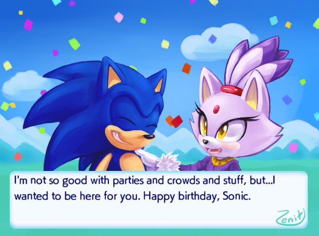 1boy 1girl bad_deviantart_id bad_id blaze_the_cat blue_fur closed_eyes confetti eyelashes forehead_jewel fur-trimmed_gloves fur_trim furry furry_female furry_male gloves gold_necklace hand_on_another's_shoulder happy_birthday jewelry necklace ponytail purple_fur smirk sonic_(series) sonic_runners sonic_the_hedgehog white_gloves yellow_eyes zenitsaga