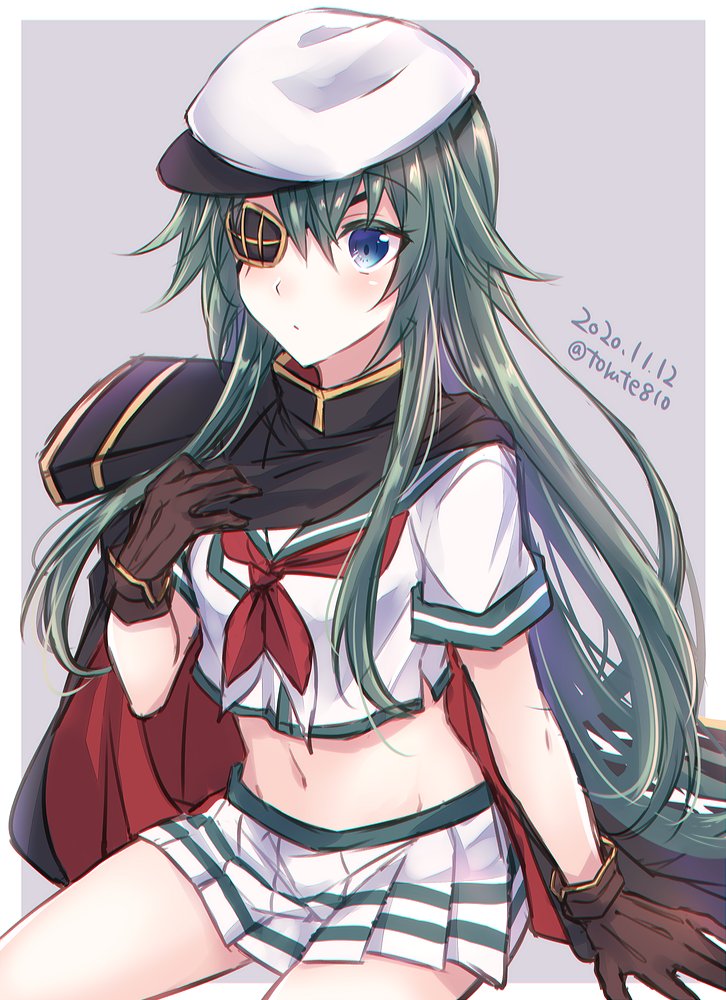 1girl alternate_hair_length alternate_hairstyle blue_eyes border cape commentary_request cowboy_shot eyepatch green_hair grey_background hat kabocha_torute kantai_collection kiso_(kantai_collection) long_hair looking_at_viewer midriff navel neckerchief pleated_skirt red_neckwear remodel_(kantai_collection) sailor_hat school_uniform serafuku single_pauldron sitting skirt solo two-tone_background white_border white_skirt