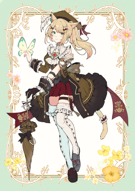 1girl animal_ears arm_strap asymmetrical_gloves asymmetrical_sleeves black_footwear black_gloves blonde_hair breasts brown_dress brown_headwear brown_umbrella butterfly_wings cape cat_ears cat_tail closed_mouth closed_umbrella coat_of_arms dress fairy final_fantasy final_fantasy_xiv flower footwear_ribbon frilled_dress frilled_thighhighs frills full_body gloves green_eyes holding holding_umbrella insect_wings long_bangs long_hair looking_at_viewer miqo'te mokokoiro pleated_skirt ponytail red_skirt skirt small_breasts solo tail tail_scrunchie thigh_strap thighhighs two-tone_dress umbrella warrior_of_light_(ff14) white_cape white_thighhighs wings