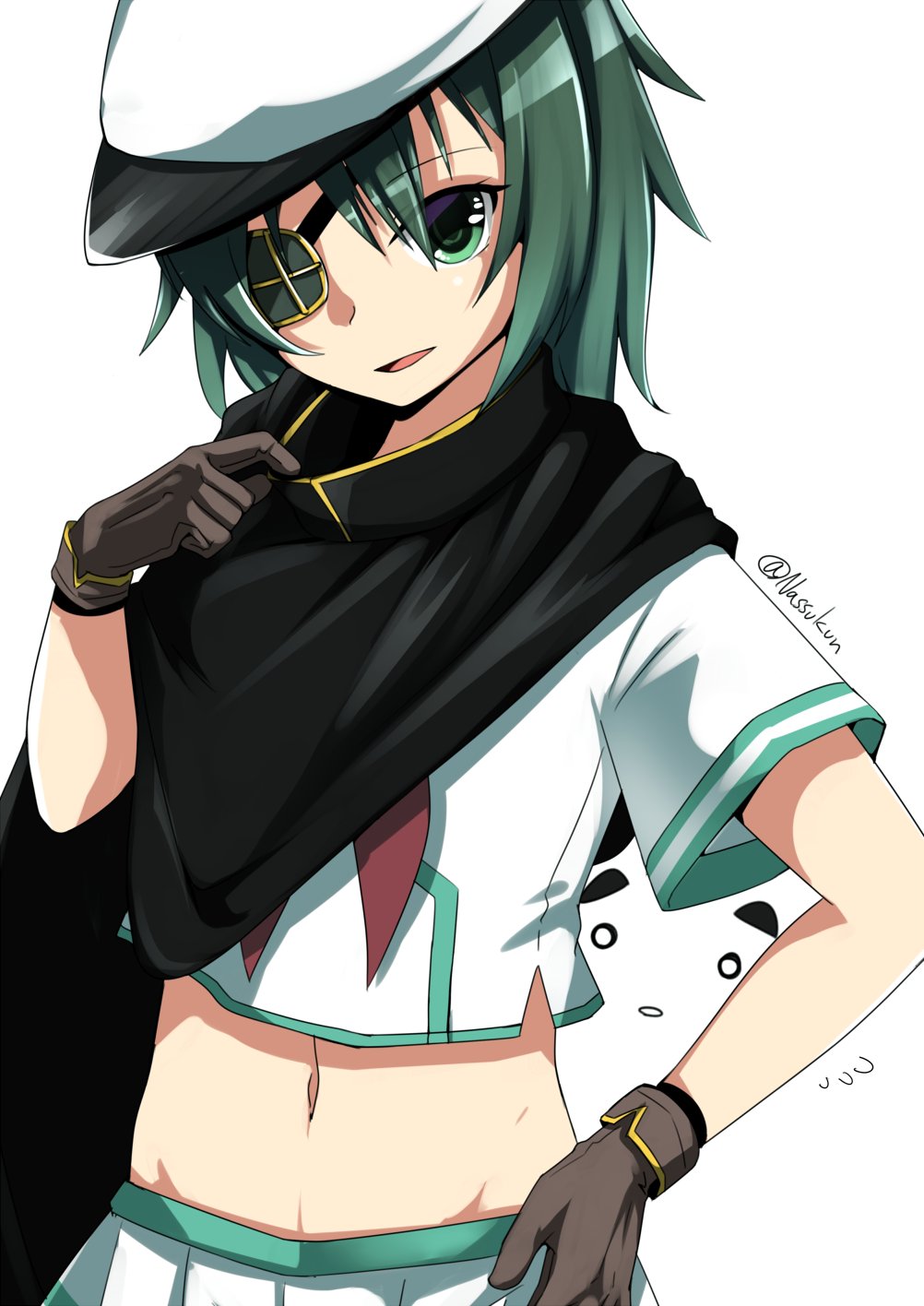 1girl 1other black_cape black_gloves blue_hair cape eyepatch gloves green_eyes green_hair hat highres kantai_collection kiso_(kantai_collection) looking_at_viewer maru-yu_(kantai_collection) midriff nassukun navel neckerchief red_neckwear remodel_(kantai_collection) sailor_hat school_uniform serafuku short_hair simple_background single_pauldron white_background