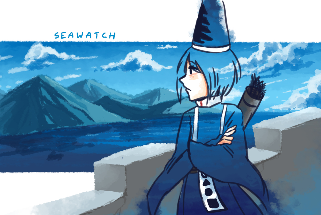 1other androgynous arrow_(projectile) blending blue_hair blue_headwear blue_sleeves cloud collar commentary cowboy_shot crossed_arms day english_commentary english_text hat high_collar japanese_clothes kariginu kashiwagi_kaoru len'en letterboxed long_hair looking_afar mixed-language_commentary mountain ocean other_focus outdoors outside_border short_hair sleeves_past_wrists solo tate_eboshi white_collar wide_sleeves yamanoskk