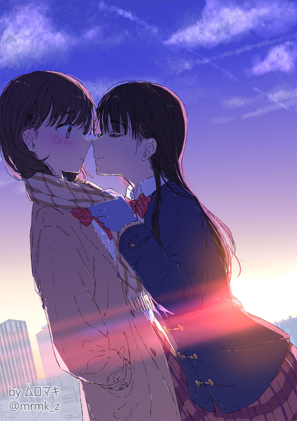 2girls artist_name black_hair blue_jacket blush bow bowtie brown_eyes brown_hair brown_jacket brown_scarf closed_eyes closed_mouth collared_shirt commentary_request diagonal-striped_bow diagonal-striped_bowtie diagonal_stripes dress_shirt facing_another gloves grey_gloves hands_in_pockets highres jacket lens_flare long_hair long_sleeves looking_at_another mole mole_under_eye multiple_girls muromaki original plaid plaid_skirt pleated_skirt red_bow red_bowtie red_skirt scarf school_uniform shirt short_hair skirt striped twitter_username white_shirt winter_clothes yuri