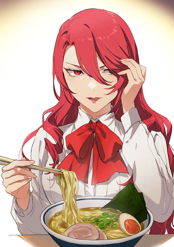 1girl bowl chopsticks collared_shirt commentary_request food grin holding holding_chopsticks isa_(peien516) kirijou_mitsuru lips long_hair long_sleeves looking_at_viewer neck_ribbon noodles parted_lips persona persona_3 ramen red_eyes red_hair red_lips red_ribbon ribbon shirt smile solo table wavy_hair white_shirt