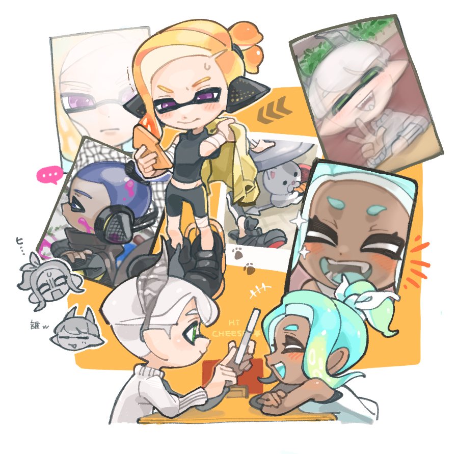 +++ ... 1girl 3boys arrow_(symbol) black_footwear black_shorts blonde_hair blue_hair blush border chibi chibi_inset closed_eyes closed_mouth dark-skinned_female dark_skin fake_horns gradient_hair green_eyes green_hair headphones horns inkling_boy inkling_player_character jacket li'l_judd_(splatoon) medium_hair midriff multicolored_hair multiple_boys octoling_girl octoling_player_character open_mouth pointy_ears purple_eyes shoes short_hair shorts sitting smile sparkle spl8ya splatoon_(series) spoken_ellipsis standing sweat table teeth tentacle_hair thick_eyebrows translation_request two-tone_hair unworn_jacket v white_border white_hair yellow_background yellow_jacket