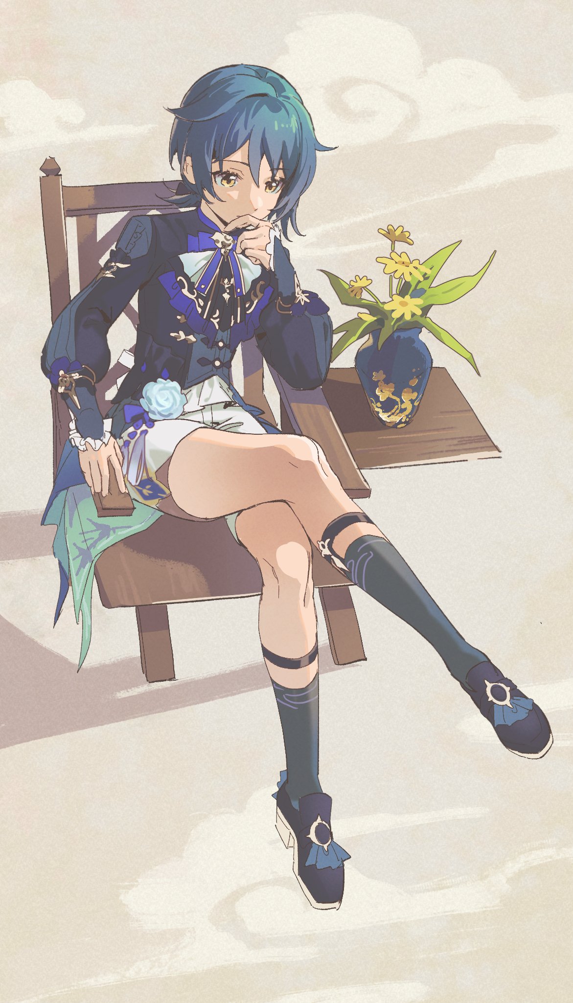 1boy black_socks blue_flower blue_hair blue_rose bow bowtie brown_background buttons chair closed_mouth cloud crossed_legs flower fridaynightcat frills gem gold_trim hair_between_eyes hand_up highres jacket leaf long_sleeves looking_to_the_side male_focus official_alternate_costume plant puffy_long_sleeves puffy_sleeves purple_bow purple_bowtie purple_footwear purple_gemstone purple_jacket rose shadow shoes short_hair shorts sitting socks solo tassel vase white_shorts xingqiu_(bamboo_rain)_(genshin_impact) xingqiu_(genshin_impact) yellow_eyes yellow_flower