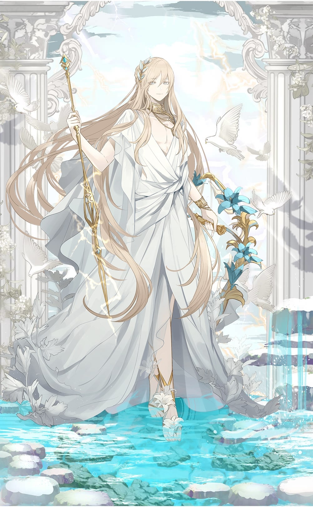 1boy barefoot barefoot_sandals_(jewelry) bird bishounen blonde_hair bracer cloud day dove flower food_fantasy full_body gold_collar hair_between_eyes hair_ornament highres holding holding_polearm holding_shield holding_weapon jewelry leaf leaf_hair_ornament light_rays lightning lily_(flower) long_hair looking_at_viewer male_focus moussaka_(food_fantasy) necklace official_art pectoral_cleavage pectorals pillar plant polearm robe rock shield short_sleeves smile solo spear sunlight third-party_source very_long_hair vines wading water weapon white_eyes white_flower white_lily white_robe wide_sleeves