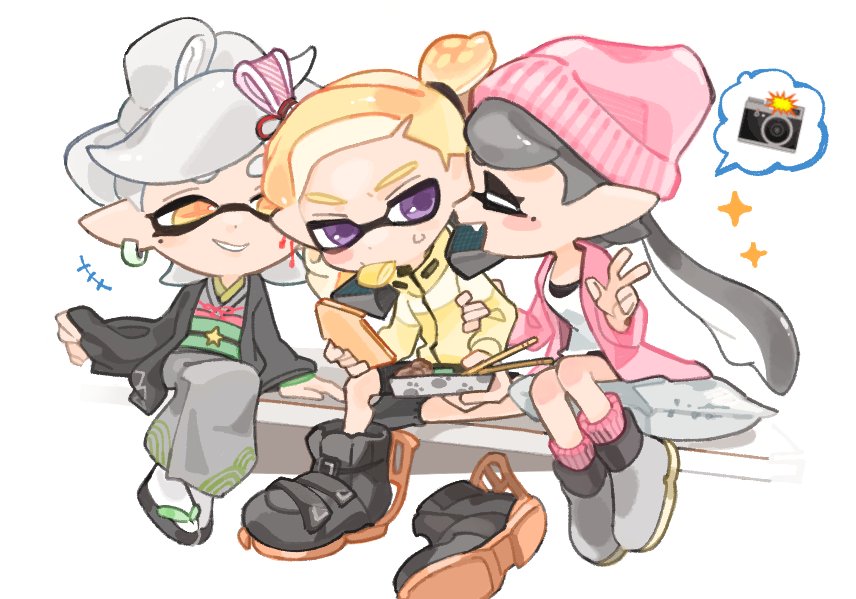 +++ 1boy 2girls beanie black_footwear black_hair blonde_hair blush bow-shaped_hair box callie_(splatoon) chopsticks closed_eyes earrings fang food food_in_mouth hat hoop_earrings inkling_boy inkling_player_character jacket japanese_clothes jewelry kimono long_hair marie_(splatoon) mole mole_under_eye multiple_girls open_clothes open_jacket open_mouth pink_headwear pink_jacket pointy_ears purple_eyes sandals shoes short_hair simple_background sitting smile sparkle speech_bubble spl8ya splatoon_(series) splatoon_1 star-shaped_pupils star_(symbol) sweat symbol-shaped_pupils teeth tentacle_hair unworn_footwear v white_background white_hair yellow_eyes yellow_jacket yellow_pupils