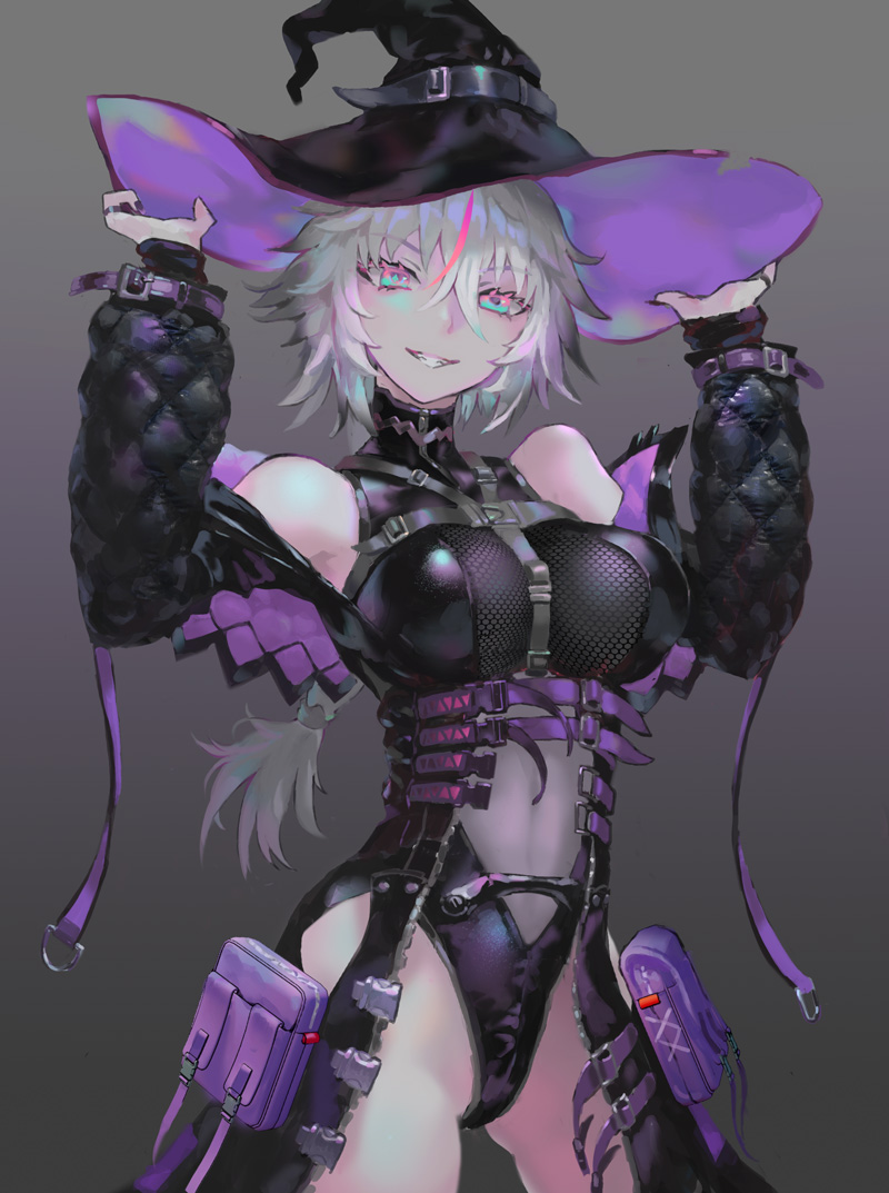 1girl aqua_eyes belt breasts denki detached_sleeves grin hat large_breasts leotard long_hair multicolored_hair original pink_eyes pink_hair ponytail pouch silver_hair simple_background sleeveless smile solo streaked_hair two-tone_hair witch witch_hat