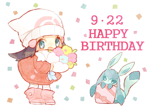 1girl beanie blue_eyes blue_flower blue_ribbon blush_stickers boots bouquet bright_pupils chibi coat commentary confetti dated dawn_(pokemon) flower full_body gift glaceon happy_birthday hat holding holding_bouquet kneehighs looking_at_viewer looking_down mgomurainu open_mouth pink_flower pink_footwear pokemon pokemon_(creature) pokemon_dppt pokemon_platinum red_coat ribbon scarf smile socks standing white_background white_headwear white_scarf white_socks yellow_flower