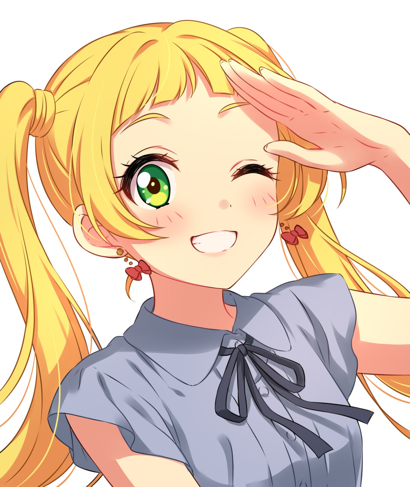 1girl :d aikatsu!_(series) aikatsu_friends! black_neckwear black_ribbon blonde_hair bow bow_earrings collared_shirt dot_nose earrings green_eyes grey_shirt hand_up highres hinata_ema_(aikatsu_friends!) jewelry long_hair looking_at_viewer neck_ribbon one_eye_closed open_mouth red_bow ribbon salute sekina shirt short_sleeves simple_background smile solo twintails upper_body white_background wing_collar