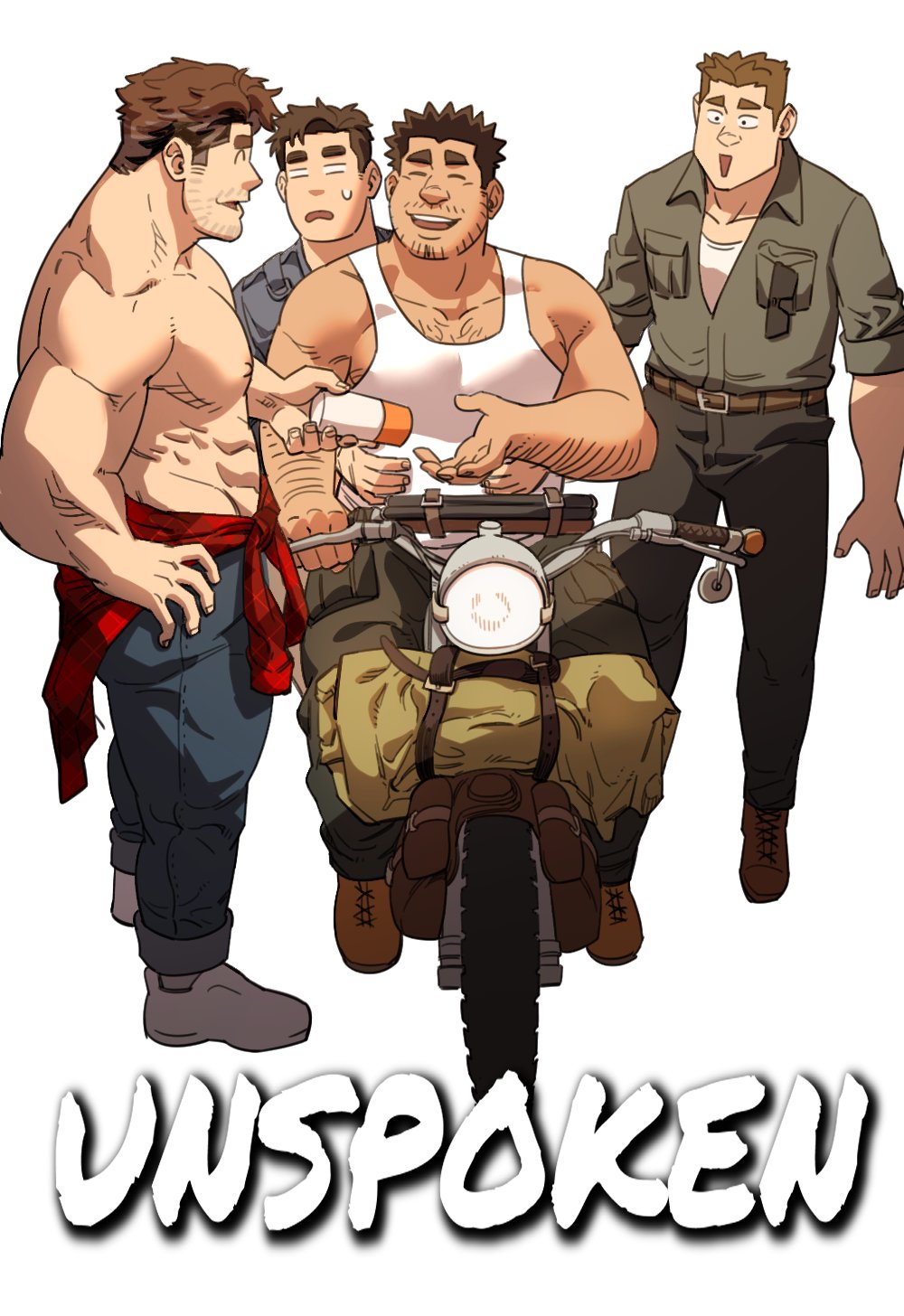 4boys :&lt; ^_^ abs alternate_costume bara beard beard_stubble blush cargo_pants closed_eyes clothes_around_waist denim end_of_the_line_(unspoken) excited facial_hair full_body giving hairy happy highres in-franchise_crossover jang_(unspoken) jeans just_do_sex_(unspoken) large_pectorals male_focus mature_male medium_sideburns multicolored_hair multiple_boys muscular muscular_male nipples old old_man pants pectorals profile shin_taeho_(unspoken) shirt shirt_around_waist short_hair sideburns_stubble standing stomach streaked_hair stubble sweatdrop tank_top thick_eyebrows topless_male unspoken_(firebreath110) white_tank_top yaoi