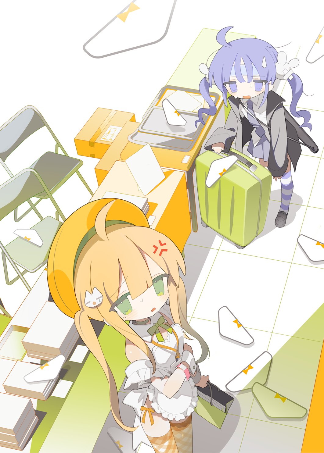 2girls ahoge anger_vein apron bag bare_shoulders black_jacket blonde_hair blue_eyes blue_hair blue_necktie blue_skirt blue_thighhighs book book_stack box buttoned_cuffs cardboard_box cat_hair_ornament chair collared_shirt convention daizu_(melon-lemon) detached_collar folding_chair from_above gingham_thighhighs green_eyes green_ribbon hair_ornament highres holding holding_bag jacket loafers long_hair long_sleeves looking_at_viewer looking_up miniskirt multiple_girls neck_ribbon necktie open_clothes open_jacket open_mouth orange_thighhighs original panties paper_bag pleated_skirt rabbit_hair_ornament ribbon rolling_suitcase shirt shoes side-tie_panties sidelocks skirt striped_clothes striped_thighhighs suitcase sweat sweatdrop table thighhighs tile_floor tiles twintails underwear unworn_panties white_apron white_shirt wrist_cuffs yellow_headwear