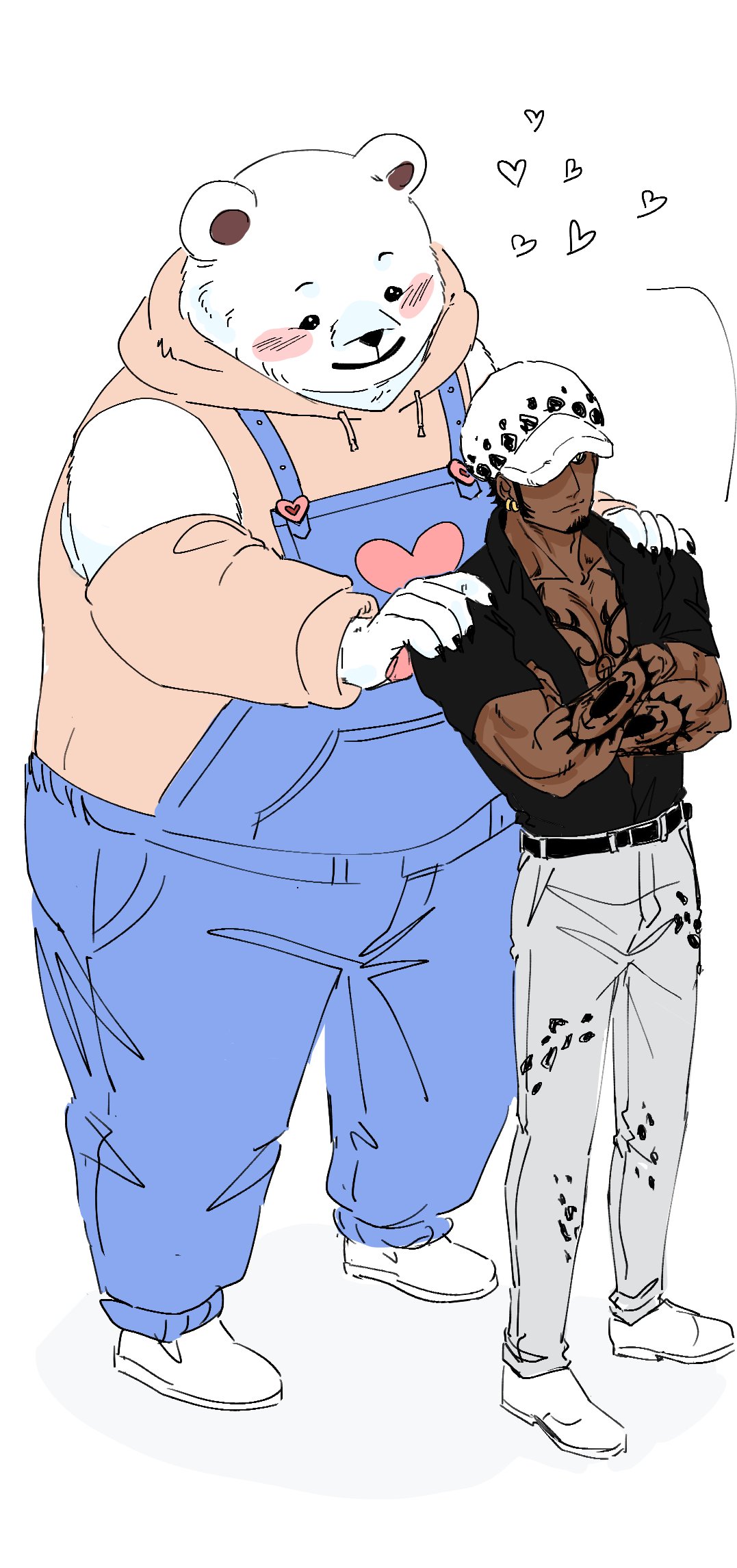 &lt;3 2024 anthro bear bepo_(one_piece) black_nose blush bottomwear clothing duo ear_piercing ear_ring hat headgear headwear hi_res hoodie human male mammal minkmen_(one_piece) nekokat42 one_piece overalls overweight pants piercing polar_bear ring_piercing shirt simple_background tattoo topwear trafalgar_law ursine white_background white_body