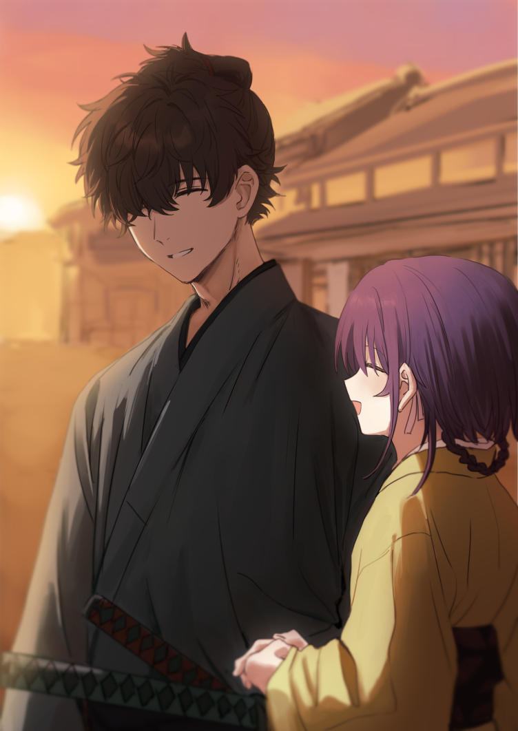 1boy 1girl black_hair blue_kimono braided_hair_rings closed_eyes fate/samurai_remnant fate_(series) hair_over_one_eye hakama japanese_clothes jp_(diiuclove) katana kimono miyamoto_iori_(fate) obi ogasawara_kaya sash sheath sheathed smile sunset sword topknot weapon yellow_kimono