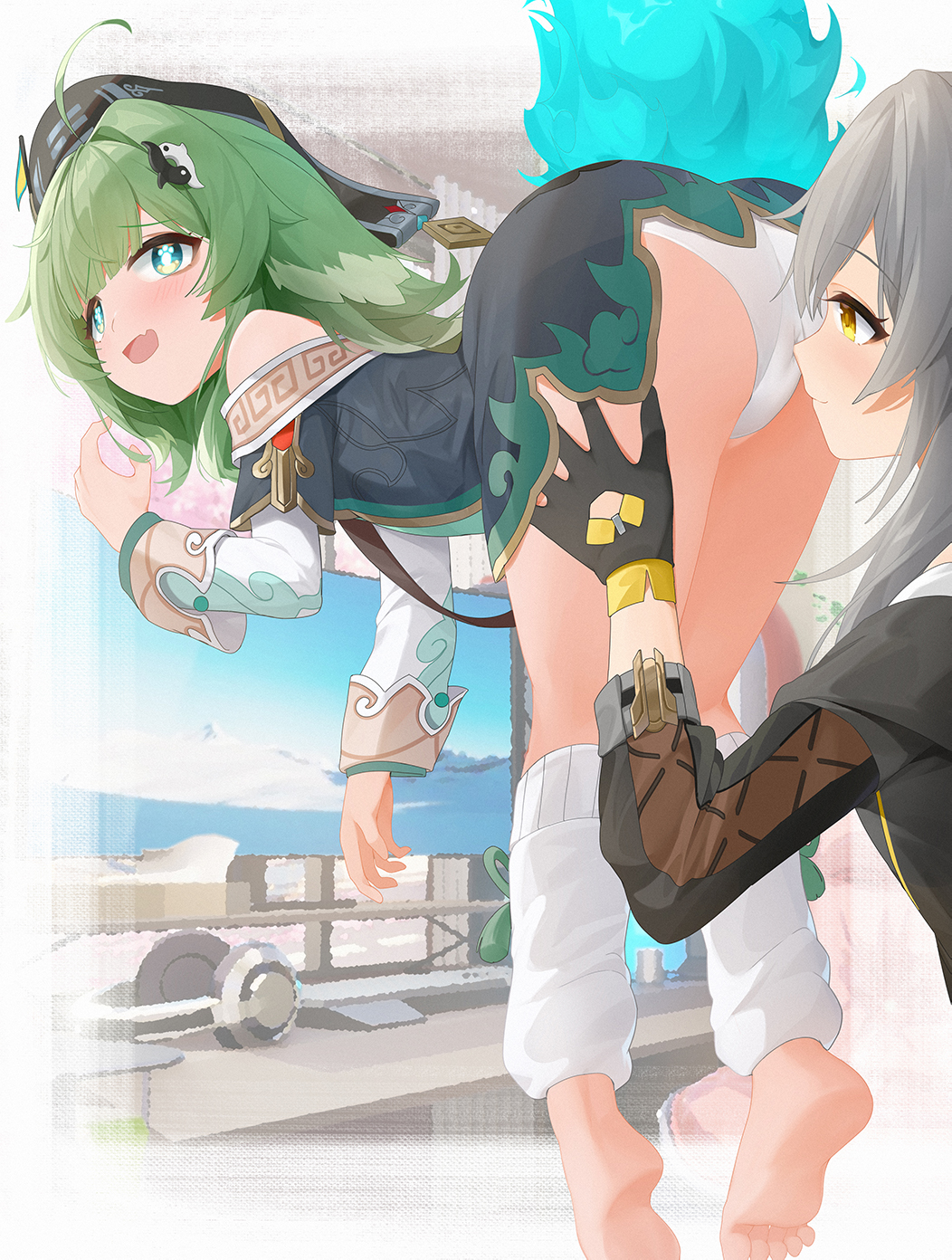2girls ahoge animal_ears ass bare_shoulders barefoot bent_over black_gloves black_jacket blue_fire computer fiery_tail fire flag fox_ears fox_girl ghost_tail gloves green_eyes green_hair grey_hair hair_ornament hand_on_another's_thigh hat headphones highres honkai:_star_rail honkai_(series) huohuo_(honkai:_star_rail) jacket long_hair long_sleeves medium_hair monitor multiple_girls open_mouth paid_reward_available panties paw-shaped_pupils smelling_crotch smelling_pussy stelle_(honkai:_star_rail) tail trailblazer_(honkai:_star_rail) underwear upskirt white_leg_warmers white_panties wood_cube yellow_eyes yellow_trim yin_yang yin_yang_hair_ornament yuri