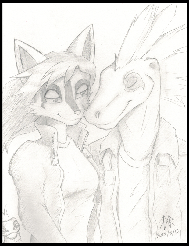 2020 anthro bedroom_eyes black_border border breasts canid canine clothed clothing dinosaur dreamkeepers eyes_closed female fox fur greyscale hair hal_adhil jacket male male/female mammal miri_rodgers monochrome narrowed_eyes open_clothing open_jacket open_topwear rearmeddreamer reptile scalie seductive smile solo the_wayward_astronomer topwear