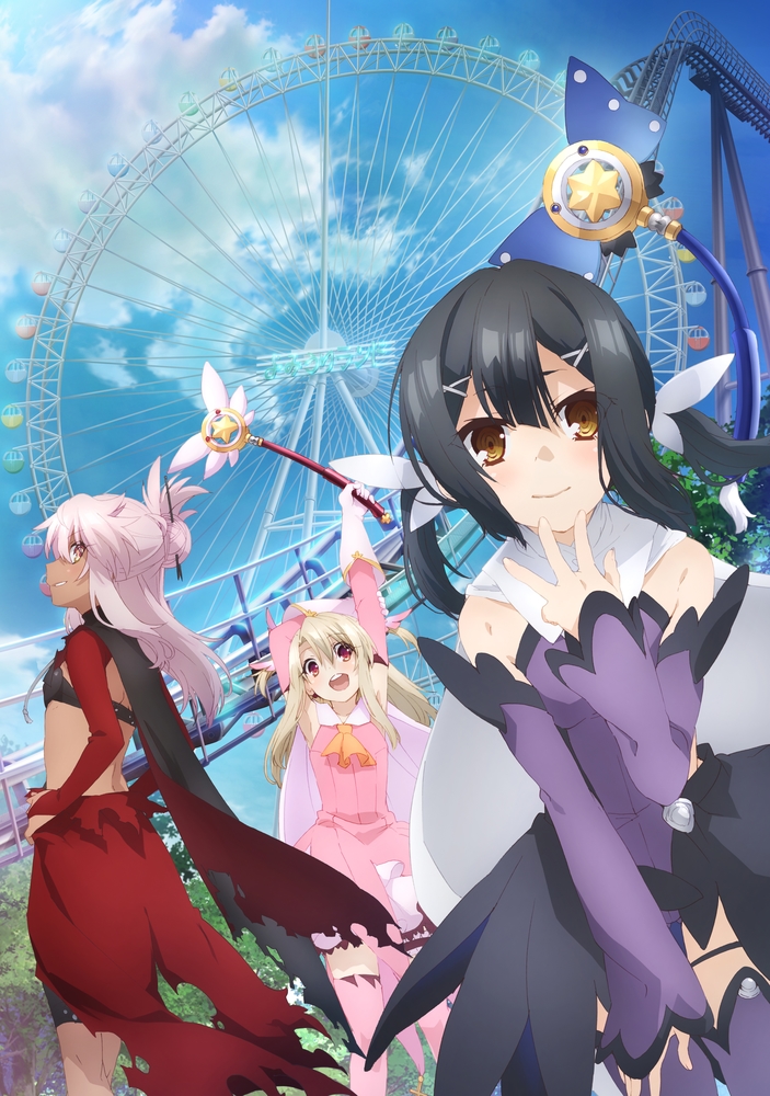 3girls amusement_park arm_over_head arm_up ascot black_hair blonde_hair blue_sky breasts brown_eyes cape chloe_von_einzbern closed_mouth cloud cloudy_sky detached_sleeves dress elbow_gloves fate/kaleid_liner_prisma_illya fate_(series) ferris_wheel gloves hair_between_eyes hair_ornament hairclip holding holding_staff illyasviel_von_einzbern long_hair magical_girl magical_ruby magical_sapphire midriff miyu_edelfelt multiple_girls official_art open_mouth outdoors pink_dress pink_hair pink_sleeves prisma_illya red_eyes red_skirt roller_coaster sidelocks skirt sky small_breasts staff thighhighs twintails yellow_ascot