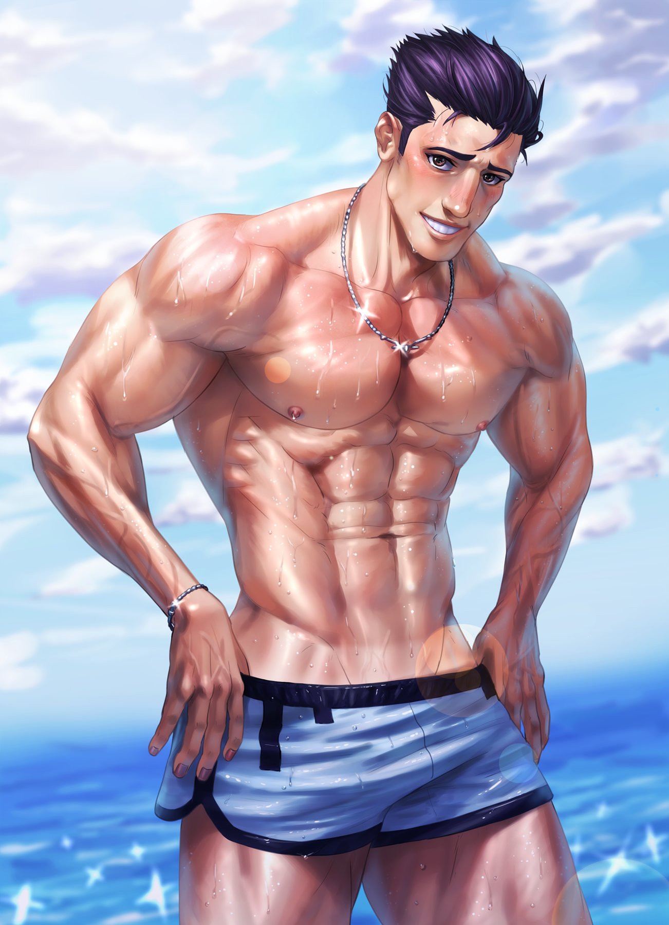 1boy abs bara black_hair brown_eyes carless_(ppanic) cloud fire_emblem fire_emblem:_the_binding_blade highres jewelry large_pectorals looking_at_viewer male_focus muscular muscular_male navel necklace nipples outdoors pectorals short_hair shorts sky smile solo teeth topless_male water wet white_shorts zealot_(fire_emblem)