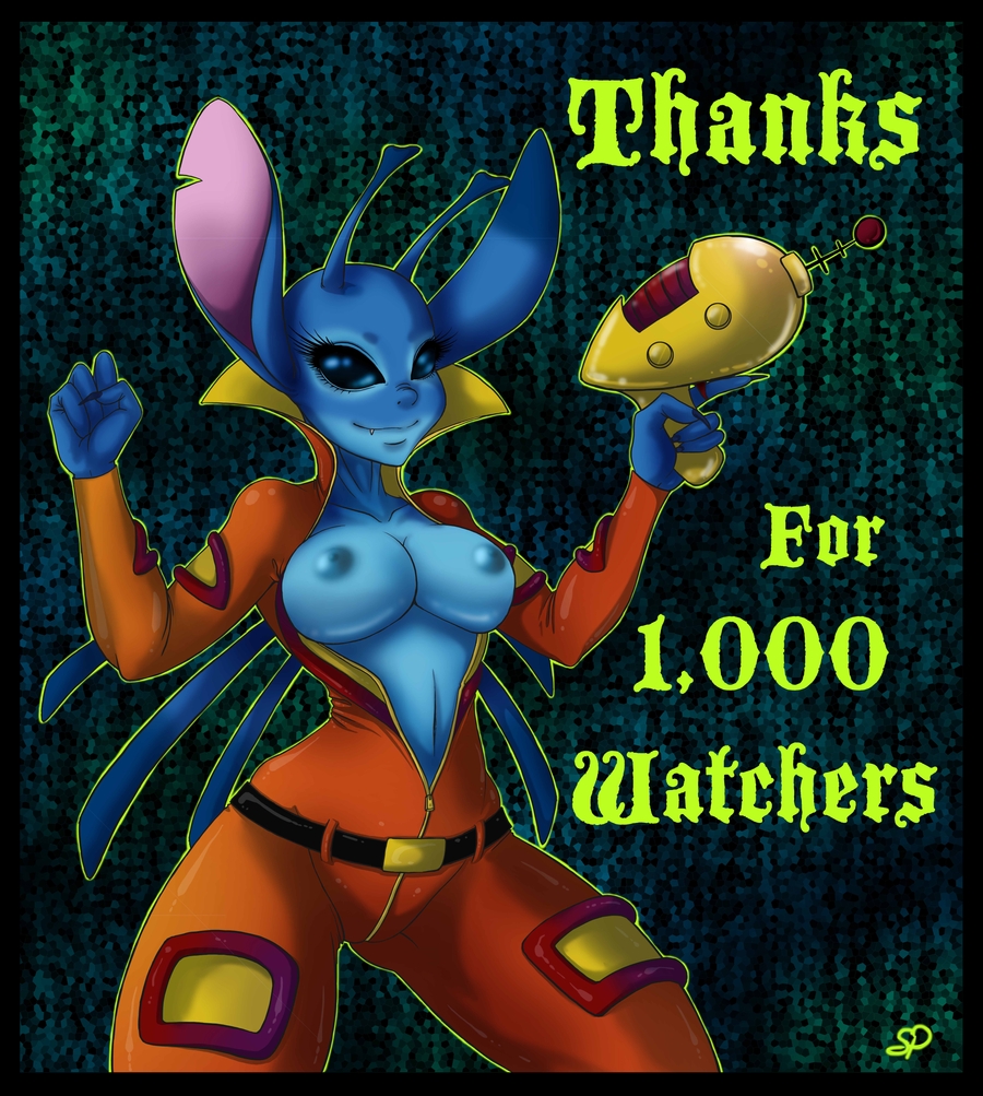 2012 4_fingers alien antennae_(anatomy) anthro anthrofied areola back_spines black_border blue_areola blue_eyes blue_nipples border breasts clothed clothing crossgender dipstick_antennae disney english_text experiment_(lilo_and_stitch) eyelashes female fingers ghostmotus holding_object holding_weapon lilo_and_stitch looking_at_viewer milestone mtf_crossgender multicolored_antennae nipples notched_ear open_clothing open_shirt open_topwear outline plasma_blaster plasma_gun ranged_weapon shirt simple_background smile solo spacesuit standing stitch_(lilo_and_stitch) text textured_background topwear weapon zipper