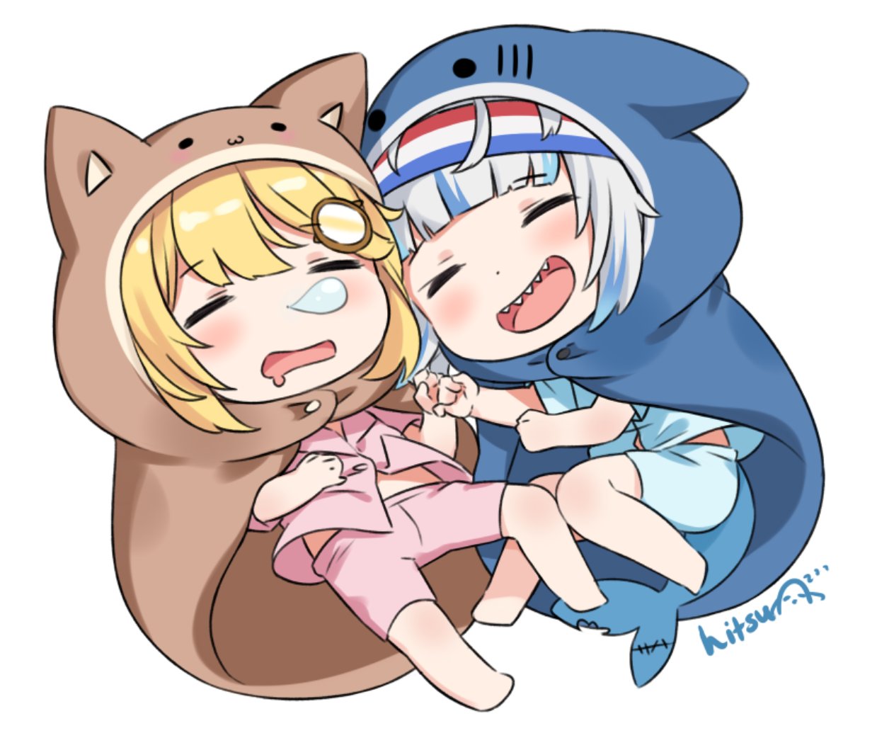 2girls :d animal_hood artist_name bangs barefoot blonde_hair blue_cloak blue_eyes blue_shirt blue_shorts blush brown_cloak chibi cloak closed_eyes collared_shirt commentary cosplay dress_shirt drooling english_commentary eyebrows_visible_through_hair gawr_gura hair_ornament headband himouto!_umaru-chan hitsukuya hololive hololive_english hood hood_up hooded_cloak komaru komaru_(cosplay) mouth_drool multicolored_hair multiple_girls nose_bubble open_mouth pink_shirt pink_shorts shark_hood sharp_teeth shirt short_shorts short_sleeves shorts signature silver_hair simple_background smile streaked_hair teeth virtual_youtuber watson_amelia white_background