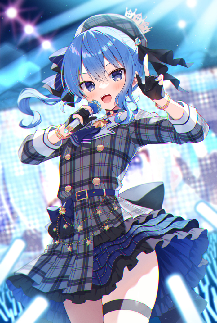 1girl :d belt belt_buckle beret black_gloves blue_belt blue_bow blue_choker blue_eyes blue_hair blue_nails blurry blurry_background blush bow buckle choker collared_shirt commentary_request depth_of_field gloves glowstick grey_headwear grey_jacket grey_skirt hair_between_eyes hair_bow hands_up hat holding holding_microphone hololive hoshimachi_suisei jacket mauve microphone nail_polish partially_fingerless_gloves plaid plaid_headwear plaid_jacket shirt side_ponytail skirt smile solo striped_bow virtual_youtuber white_shirt