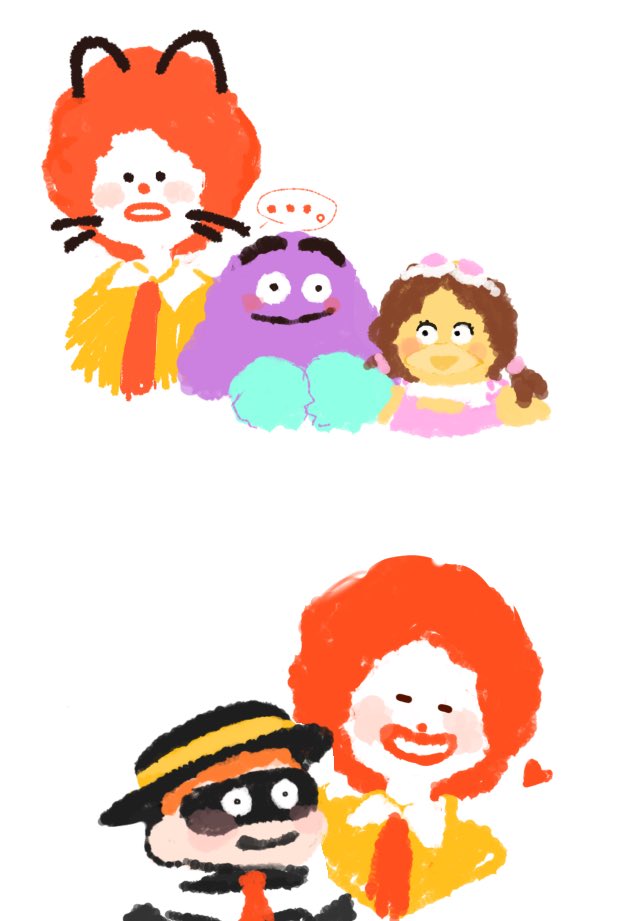 ... 1girl 3boys afro birdie_the_early_bird black_headwear blush brown_hair closed_eyes clown drawn_ears drawn_whiskers goggles goggles_on_head grimace_(mcdonald's) hamburglar hat hat_ribbon heart looking_at_viewer mask mcdonald's multiple_boys multiple_views nasuya_(nasubi_yasan) necktie no_lineart parted_lips red_hair red_necktie red_nose ribbon ronald_mcdonald shirt simple_background smile upper_body white_background yellow_ribbon yellow_shirt
