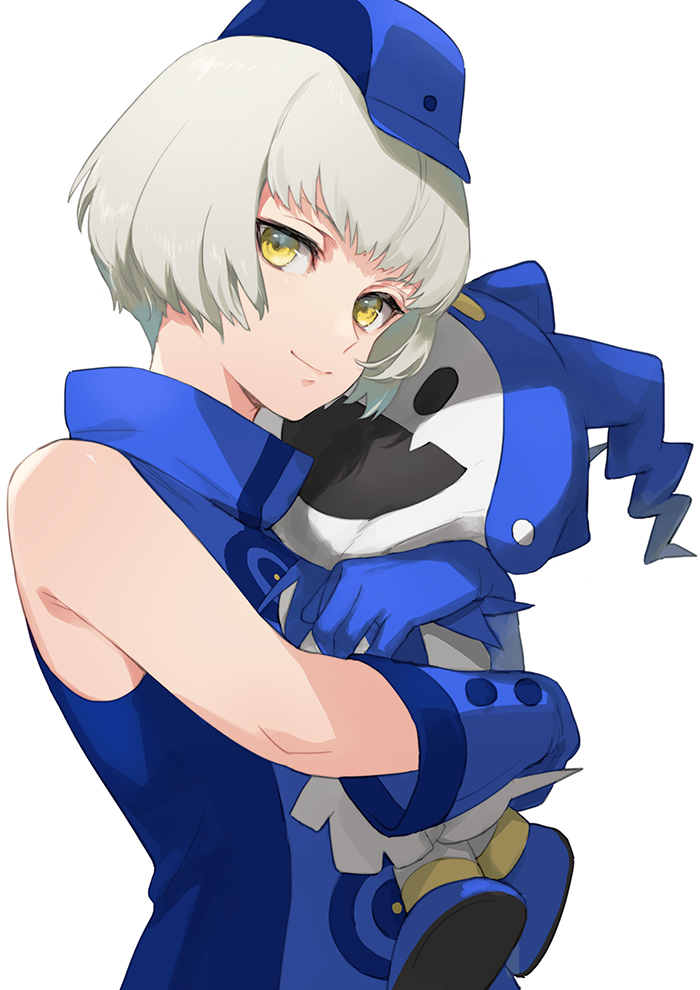 1girl blue_dress blue_gloves blue_headwear character_doll closed_mouth dress elizabeth_(persona) gloves grey_hair hat holding hugging_doll hugging_object isa_(peien516) jack_frost looking_at_viewer persona persona_3 short_hair simple_background sleeveless sleeveless_dress solo stuffed_toy upper_body white_background yellow_eyes