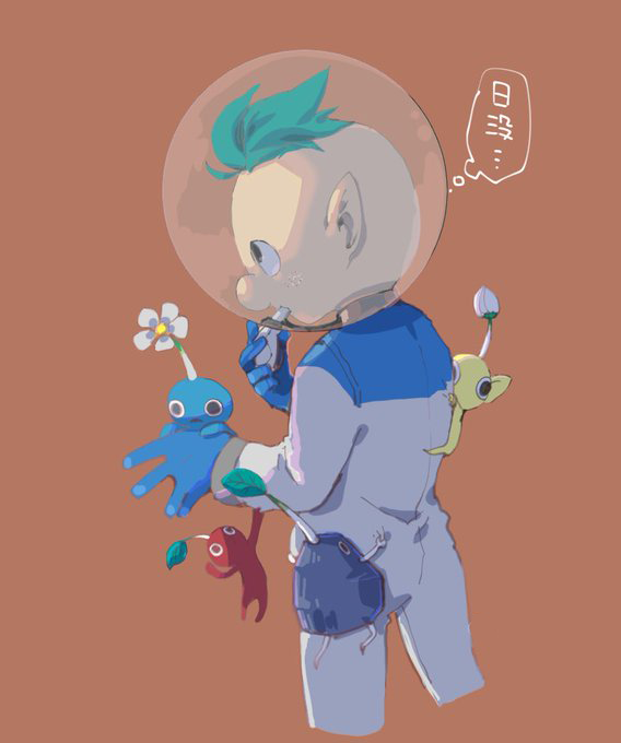 1boy 2donemuru alph_(pikmin) aqua_hair big_nose black_eyes black_skin blue_gloves blue_pikmin blue_skin brown_background bud clinging colored_skin commentary_request cowboy_shot flower from_behind gloves helmet holding holding_whistle leaf looking_ahead male_focus no_mouth pikmin_(creature) pikmin_(series) pikmin_3 pointy_ears red_pikmin red_skin rock rock_pikmin short_hair simple_background space_helmet spacesuit speech_bubble translation_request triangle_mouth very_short_hair whistle whistling white_flower yellow_pikmin yellow_skin