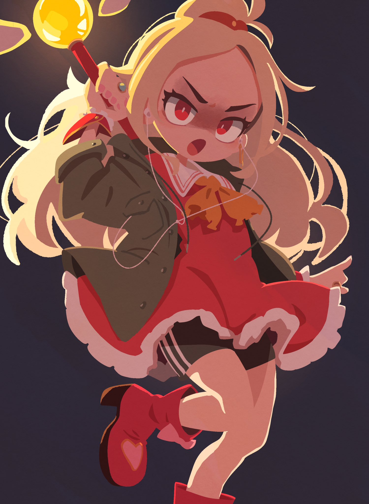 1girl angry black_background black_shorts blonde_hair boots dress forehead frilled_dress frills full_body headphones highres jacket long_hair long_sleeves open_mouth original red_dress red_eyes red_footwear shorts solo takarai_shunsuke very_long_hair wand