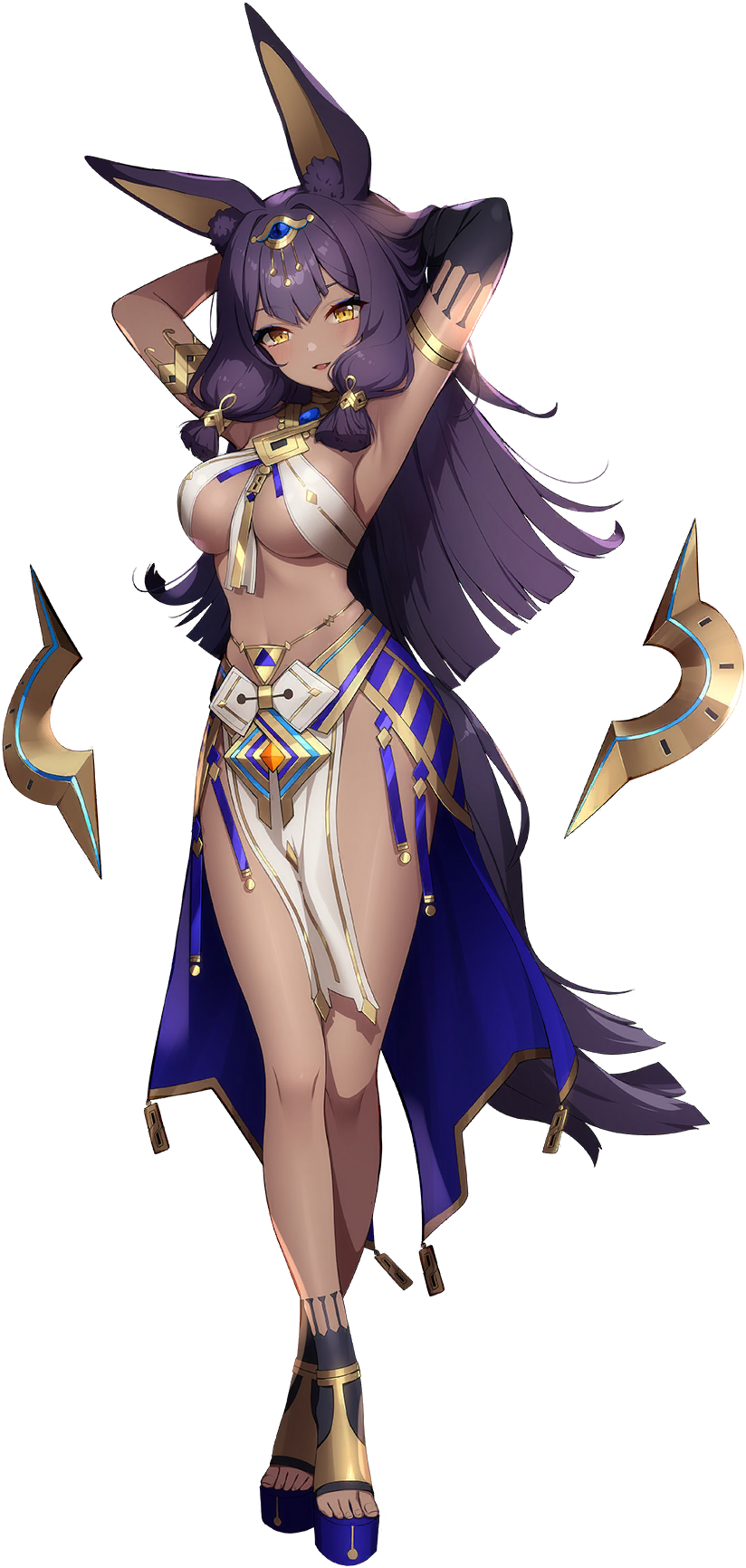 1girl animal_ear_fluff animal_ears armlet armpits arms_behind_head bare_legs blue_footwear blunt_ends breasts crossed_legs dark-skinned_female dark_skin egyptian egyptian_clothes elbow_gloves eversoul full_body game_cg gloves gold gold_trim hair_ornament highres jackal_ears jackal_girl jackal_tail jewelry light_blush long_hair looking_at_viewer medium_breasts midriff non-web_source official_art parted_lips platform_footwear purple_hair single_elbow_glove single_glove solo standing tachi-e tasha_(eversoul) transparent_background underboob watson_cross yellow_eyes