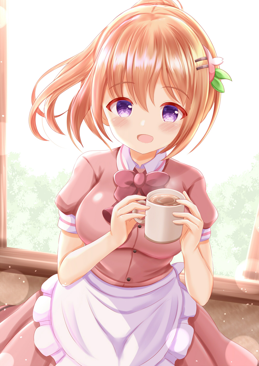 1girl :d apron bangs blush bow brown_hair brown_shirt brown_skirt coffee collared_shirt commentary_request cup dress_shirt eyebrows_visible_through_hair frilled_apron frills gochuumon_wa_usagi_desu_ka? hair_between_eyes hair_ornament hairclip highres holding holding_cup hoto_cocoa indoors looking_at_viewer mug pleated_skirt ponytail puffy_short_sleeves puffy_sleeves purple_eyes red_bow shirt short_sleeves skirt smile solo steam uniform waist_apron waitress white_apron window zenon_(for_achieve)