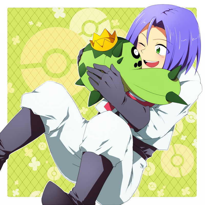 1boy blue_hair boots cacnea gloves green_background green_eyes happy james_(pokemon) one_eye_closed pokemon pokemon_(anime) pokemon_rse_(anime) team_rocket usui_(h446)