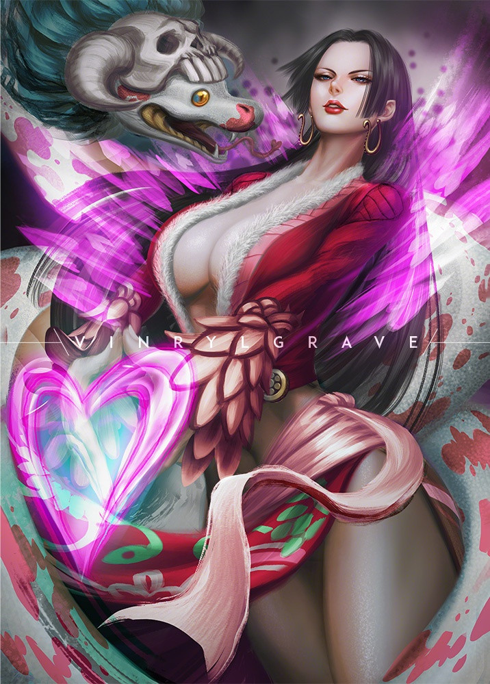 1girl black_hair blue_eyes boa_hancock breasts cleavage crop_top cropped_jacket devil_fruit_power dress earrings feathers fur_trim heart jewelry large_breasts long_hair looking_at_viewer one_piece pet pink_sash red_lips salome_(one_piece) sash skull_on_head snake snake_earrings solo very_long_hair vinrylgrave