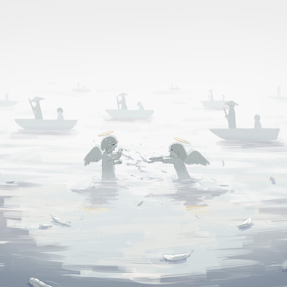 2others :d ^_^ androgynous angel angel_wings avogado6 boat closed_eyes feathers gondola halo hat holding holding_oar long_sleeves multiple_others oar open_mouth original playing rice_hat river shirt smile splashing symbolism watercraft white_shirt white_skin white_theme white_wings wings