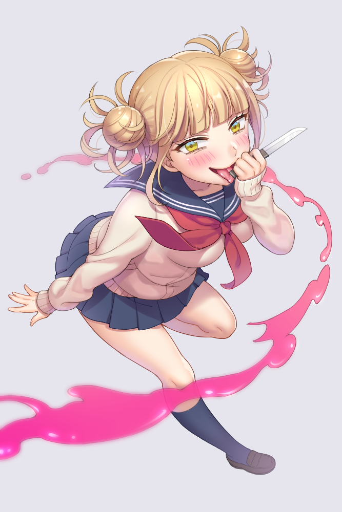 1girl blonde_hair blood blunt_bangs blush boku_no_hero_academia cardigan double_bun full_body hair_bun holding holding_knife knife loafers looking_at_viewer mocchimugi neckerchief open_mouth pink_blood pleated_skirt school_uniform serafuku shoes skirt smile socks solo standing standing_on_one_leg toga_himiko tongue tongue_out yellow_eyes